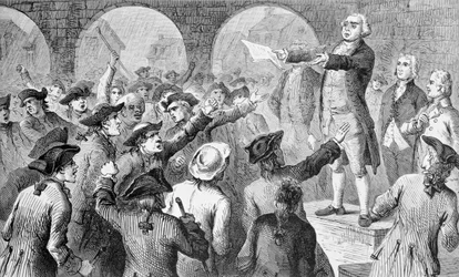 John Lamb spreekt op de Sons of Liberty Meeting in New York City Hall over de landing van Britse thee in New York, 17 december 1773, gegraveerd door John Karst (1836-1922)